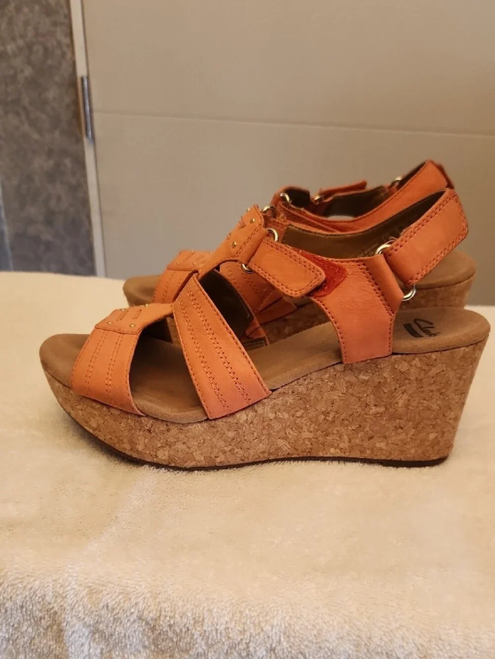 Clarks Women's Orange Cork Wedge Sandals, size 7.5